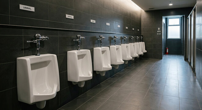 Row of white urinals in clean modern restroom facility