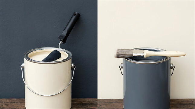 : A split-screen composition showing a cream paint can with a black roller on the left and a dark slate grey paint can with a paintbrush on the right, resting on a wooden counter.