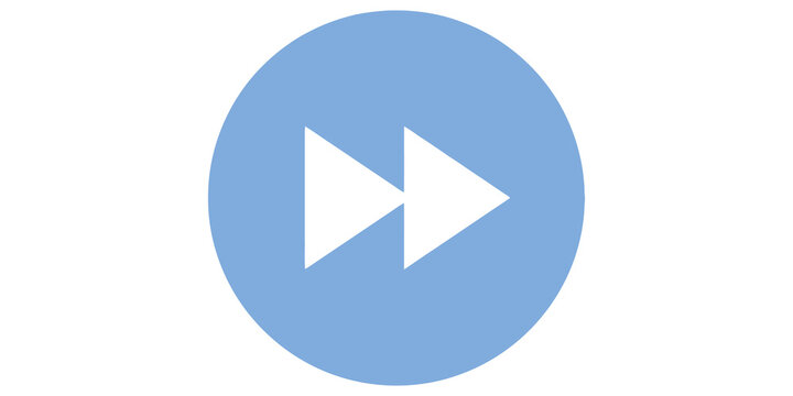 Light blue fast forward circle icon representing media player navigation control button for video or audio playback.