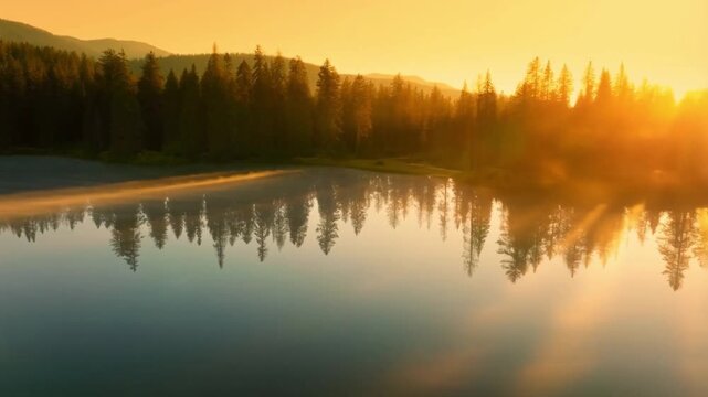 Cinematic aerial drone shot gliding slowly over a mountain lake at sunrise, perfect mirror reflection on calm water, thin mist drifting across the surface, warm golden light, pine forest along the sho