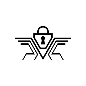 Winged padlock circuit cyber security line art logo icon isolated on white background