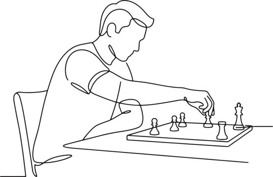 Minimalist single line art vector drawing of a man concentrating deeply while playing a game of chess