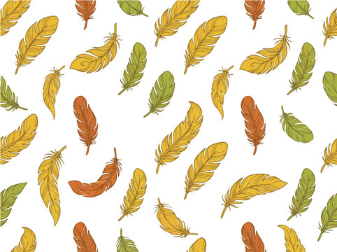 Seamless feather pattern background with hand drawn sketch style in autumn colors for textile design and gift wrapping paper