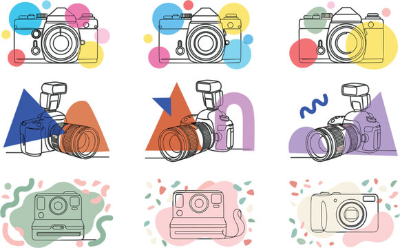  Photography camera vector icon set featuring vintage slr instant and dslr cameras with colorful abstract geometric shapes in boho style