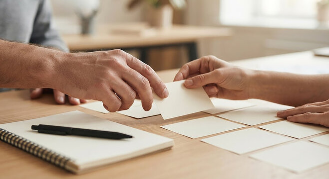 Two colleagues sorting blank cards for project planning at office desk