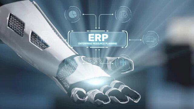 A futuristic robotic arm interacts with digital icons representing enterprise resource planning, illustrating the integration of technology in the business environment. Salient