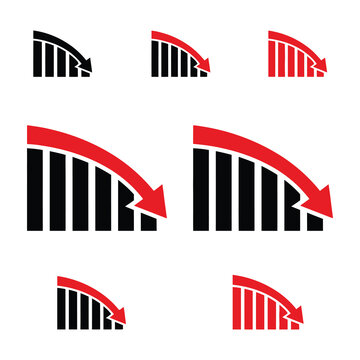 Set of decreasing bar chart icons with red downward arrows showing decline