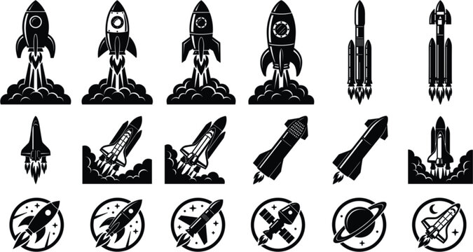 Rocket launch silhouette logo collection featuring space shuttle icons heavy boosters smoke clouds and circular planetary emblem graphics.