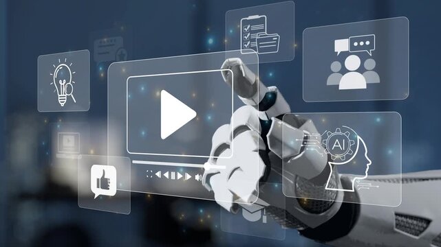 A robotic hand interacts with a floating digital display showcasing various icons and media elements, symbolizing advanced technology and future communication methods. Salient