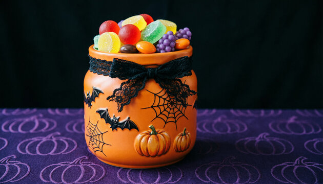 Frasco Naranja de Halloween con Dulces y Lazo Negro sobre Mantel Morado con Estampado de Calabazas / Orange Halloween Candy Jar with Black Bow on Purple Pumpkin Pattern Tablecloth
