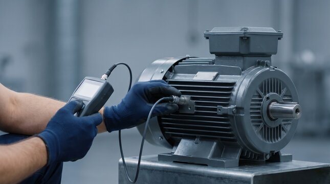 Industrial technician using a digital diagnostic tool to perform maintenance and testing on an electric motor in a factory setting