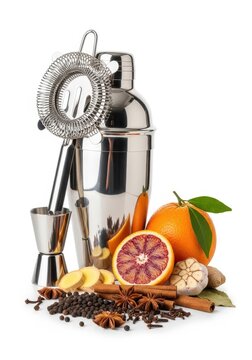 Professional steel cocktail shaker with strainer jigger blood orange and spices composition.