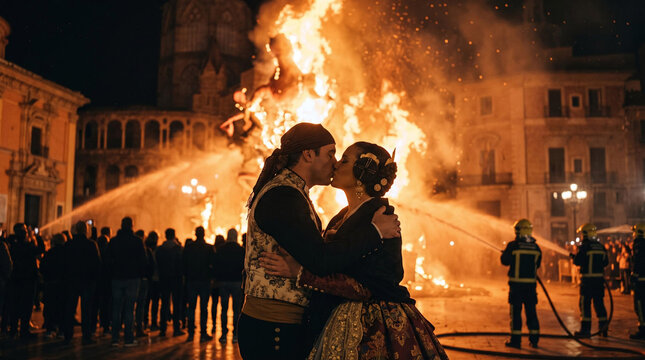 Couple in traditional dress kissing during Las Fallas burning ceremony at night