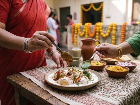 Indian women pouring chutney on traditional dahi bhalla during Holi festival