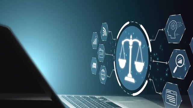 A robotic hand points toward digital icons depicting law and justice over a laptop, symbolizing the intersection of technology and legal practices in the modern world. Salient