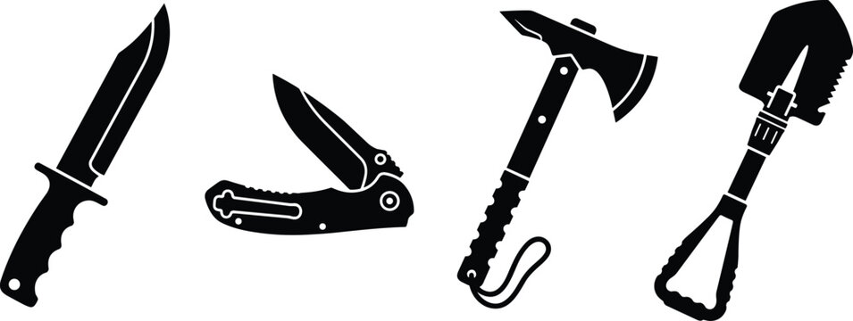 Black silhouette set of outdoor tactical survival gear, featuring a hunting knife, folding pocket knife, tomahawk axe, and camping shovel.