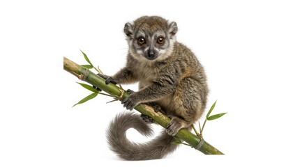 Fototapeta premium Small mouse lemur with long tail perched on bamboo branch isolated on white background gray fur primate animal wildlife photography cute primate madagascar lemur nature wildlife small mammal