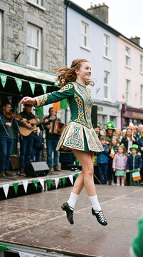 Young Irish dancer performing traditional step dance during St. Patrick's Day