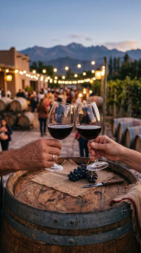 Toasting red wine glasses over a wooden barrel during Mendoza Vendimia festival
