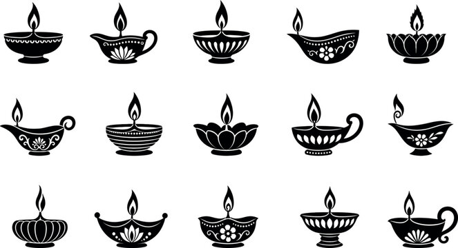 Set of fifteen hand drawn black and white oil lamps for diwali festival celebration isolated on a white background