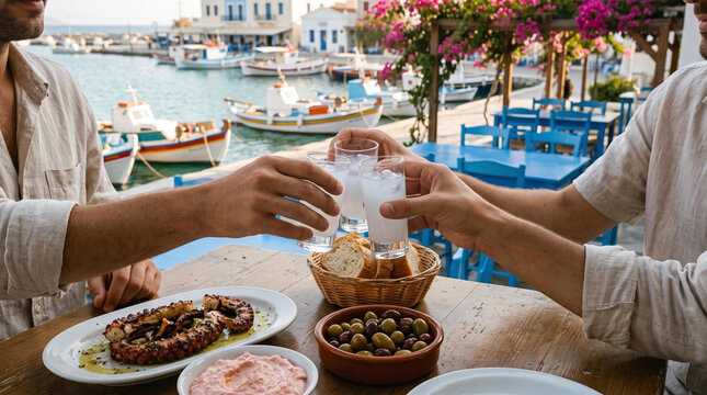 Friends toasting with ouzo and grilled octopus at a Greek island seaside taverna