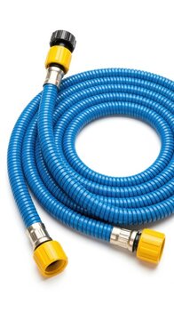Flexible blue garden hose with yellow connectors isolated on white.