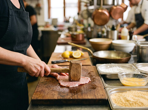 Chef pounding raw veal cutlet with wooden mallet to make traditional schnitzel