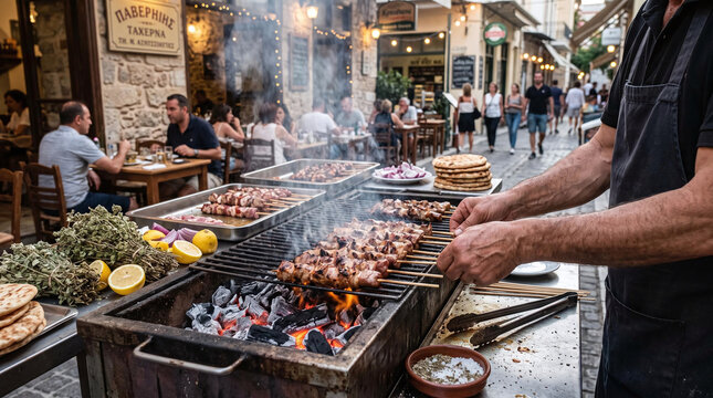 Chef grilling traditional souvlaki meat skewers over charcoal at Athens taverna