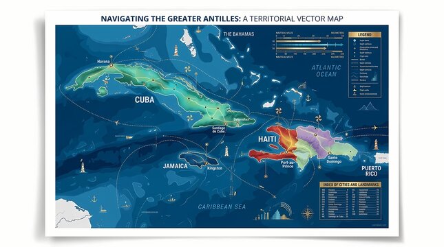 Detailed dark nautical vector map of Greater Antilles Caribbean region
