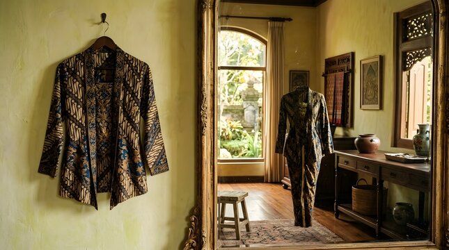 Traditional Batik Kebaya Hanging on Wall in Classic Indonesian Inspired Interior Decor