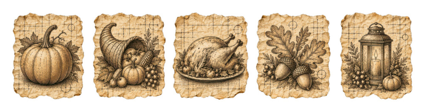 PNG Vintage autumn harvest illustrations on antique parchment panels