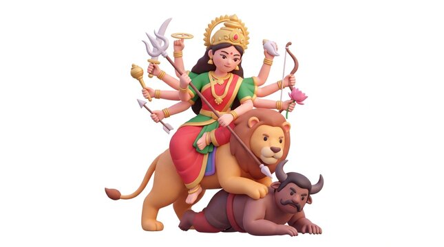 Detailed 3D of goddess durga fighting the demon mahishasura while mounted on a lion symbolizing victory of good over evil white backdrop