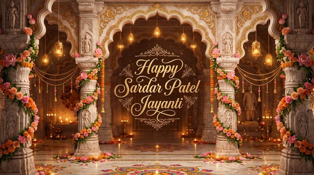 .Festive Sardar Patel Jayanti Celebration with Floral Decor and Elegant Architecture