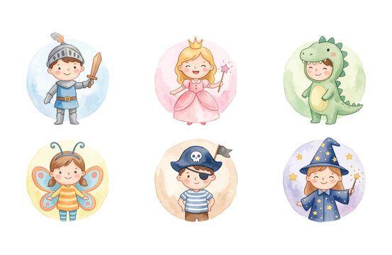 Watercolor Cute Children in Costumes Icon Set, Kids Dress Up Fantasy Characters Vector Illustration