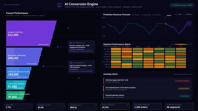 Explore the AI Conversion Optimization Dashboard featuring predictive recommendations and funnel performance visualizations in a sleek, dark mode with vibrant neon accents.