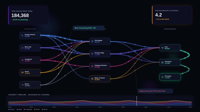 Explore the dynamic customer journey analytics dashboard visualizing ecommerce touchpoints across multiple channels in a sleek dark-mode design with neon accents.