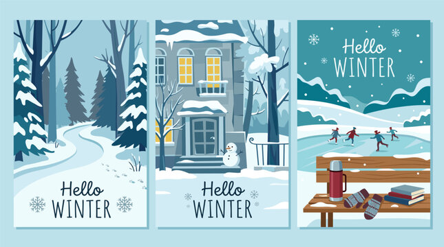Set of Vertical Winter Themed Posters Featuring Snowy Landscapes, Cozy House, and People Ice Skating