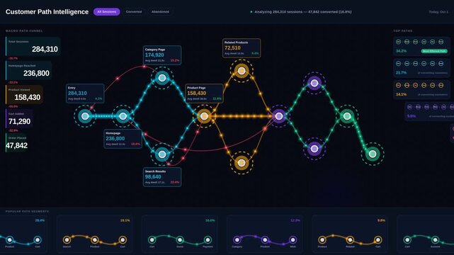 Explore a dynamic customer path analysis dashboard visualizing sessions, products, carts, and completed orders in an illuminated subway-map style with vibrant colors and engaging animations.