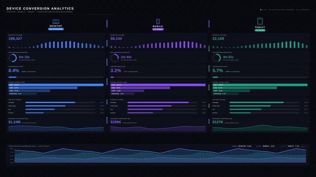 Explore a sophisticated 4K animated dashboard comparing shopping behavior across Desktop, Mobile, and Tablet with distinct color identities and seamless animation.