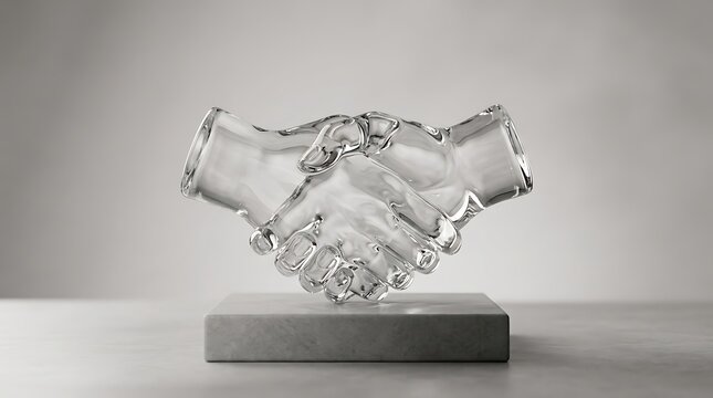 A transparent glass handshake sculpture on marble for national honesty day, symbolizing trust and agreement.