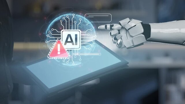A human and robot engage in a digital interaction, highlighting artificial intelligence technology with elements of warning and communication in a futuristic setting. Salient