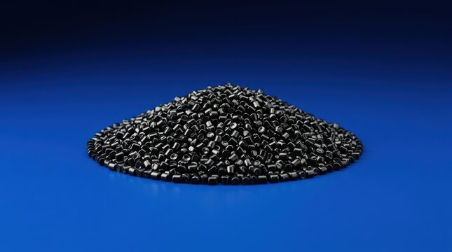 A pile of black plastic polymer pellets on a blue background