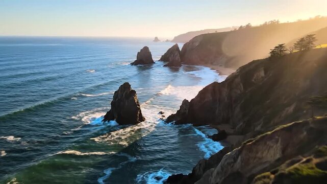 Aerial view of rugged california coastline at sunset with sea stacks and golden hour light ocean