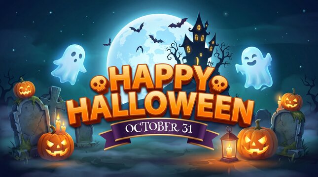 Happy Halloween text design, ghost, bat flying pumpkins, candle, moonnight, banner design on dark blue background, Eps 10 vector illustration