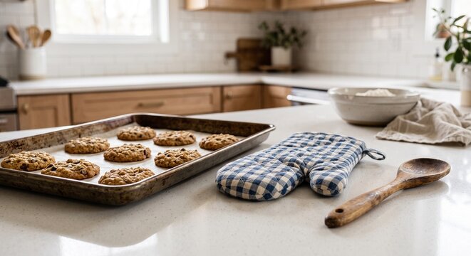 Freshly baked chocolate chip cookies on a baking sheet with oven mitt and wooden spoon on kitchen counter