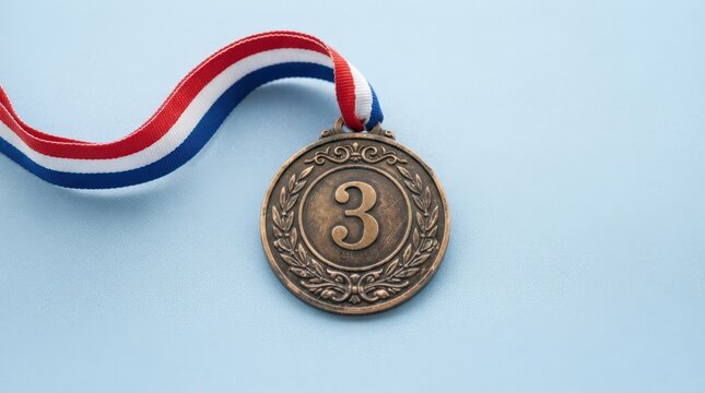 Bronze third place medal with a red, white, and blue ribbon isolated on white background