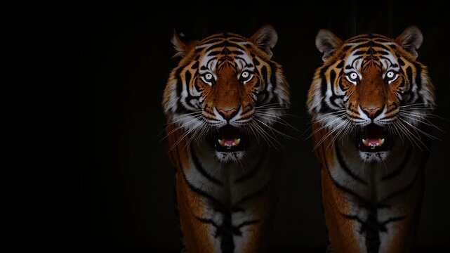 Three roaring tigers side by side on dark background, wildlife predator wall seamless VJ loop for stadium
