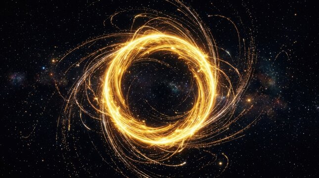 Abstract golden energy ring vortex swirling in dark space with swirling light glowing portal light trails cosmic energy abstract motion dynamic circle brilliant light golden aura space nebula