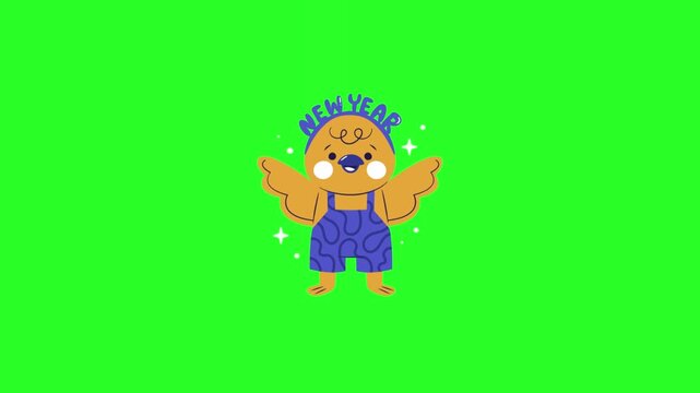 Cute Cartoon Bird Character Wearing New Year Headband and Overalls Isolated on Green Screen Chroma Key Background Vector Celebration Overlay Asset   