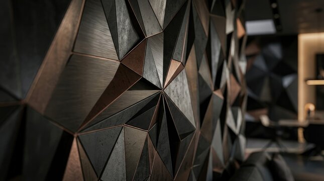 Close up shot of dark grey and copper geometric three dimensional wall paneling